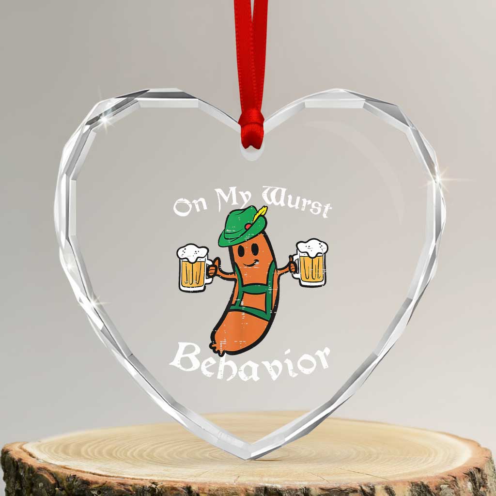 Funny Oktoberfest Heart Crystal Glass Ornament On My Wurst Behavior German Sausage - Wonder Print Shop