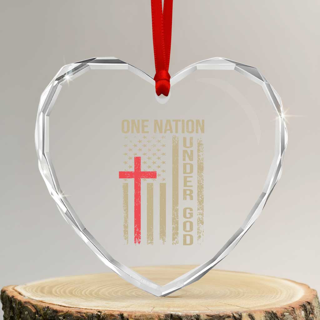 Funny One Nation Under God Heart Crystal Glass Ornament 4th Of July Patriotic Christian American Flag - Wonder Print Shop