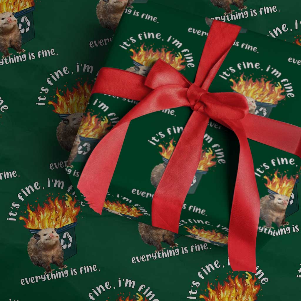 Funny Opossum Meme Wrapping Paper Roll It's Fine I'm Fine Everything Is Fine Dumpster Fire