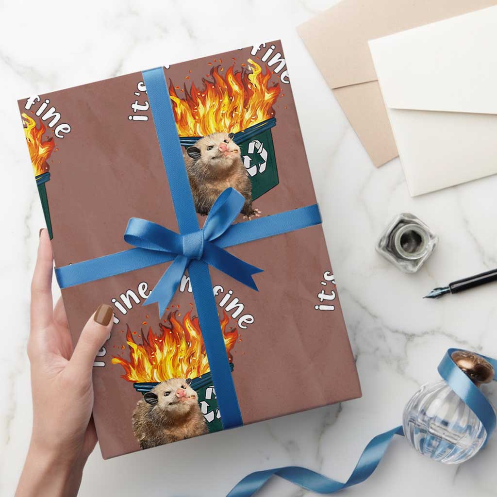 Funny Opossum Meme Wrapping Paper Roll It's Fine I'm Fine Everything Is Fine Dumpster Fire