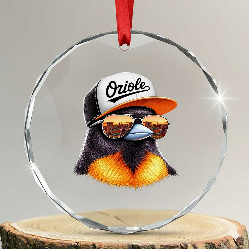 Funny Oriole Bird Wearing Baseball Cap Graphic Vintage Sport Crystal Glass Ornament