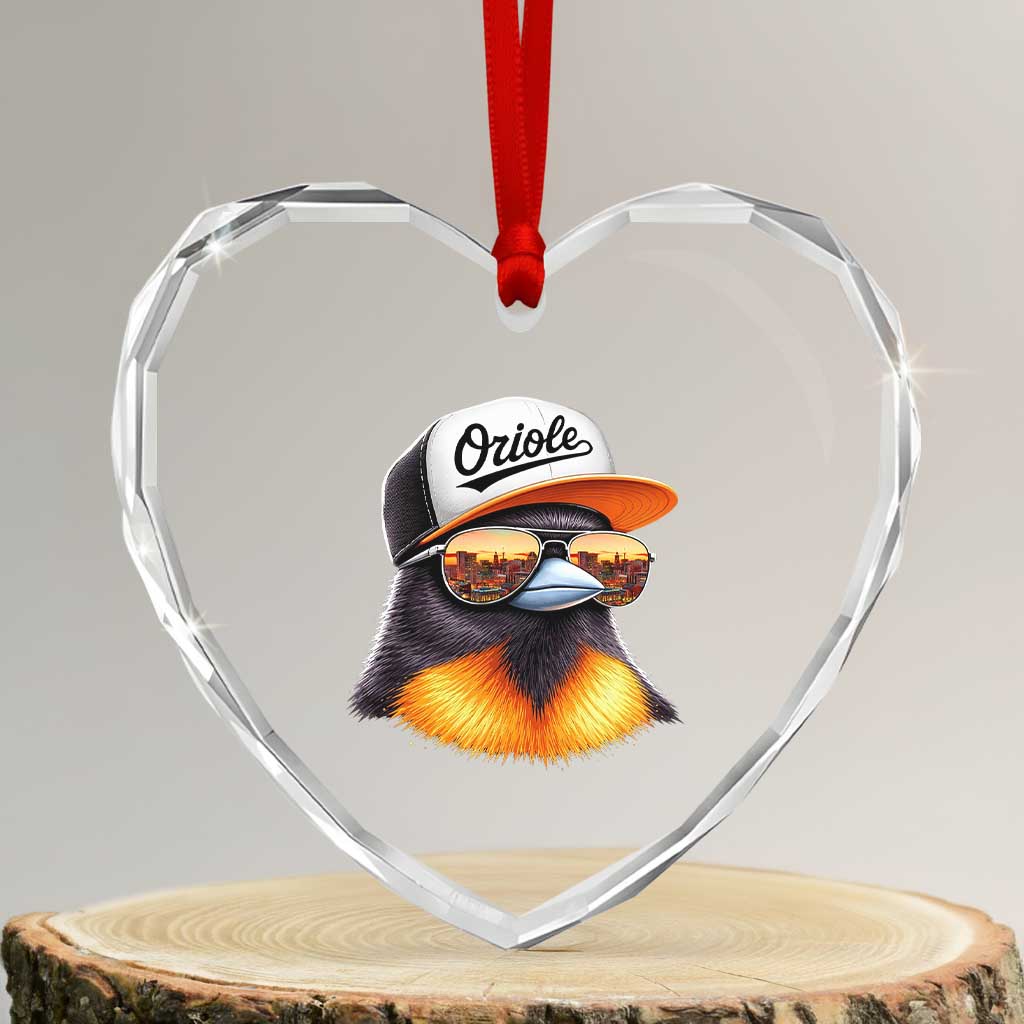 Funny Oriole Bird Wearing Baseball Cap Graphic Vintage Sport Heart Crystal Glass Ornament