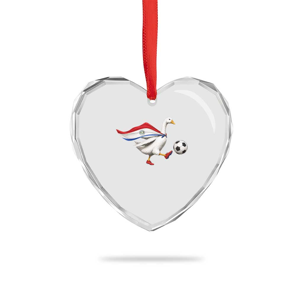 Funny Paraguay Soccer Heart Crystal Glass Ornament Goose Wearing Paraguayan Flag Patriotic Football Fan Graphic