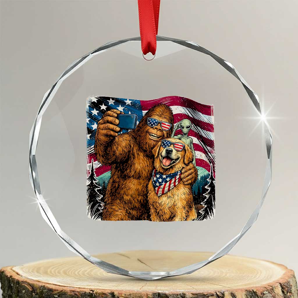 Funny Patriotic Bigfoot Golden Retriever Selfie Squad Crystal Glass Ornament