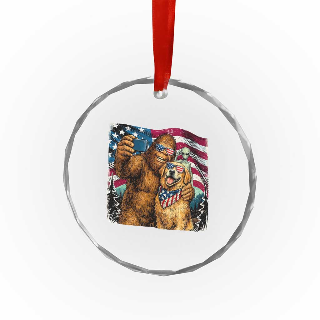Funny Patriotic Bigfoot Golden Retriever Selfie Squad Crystal Glass Ornament