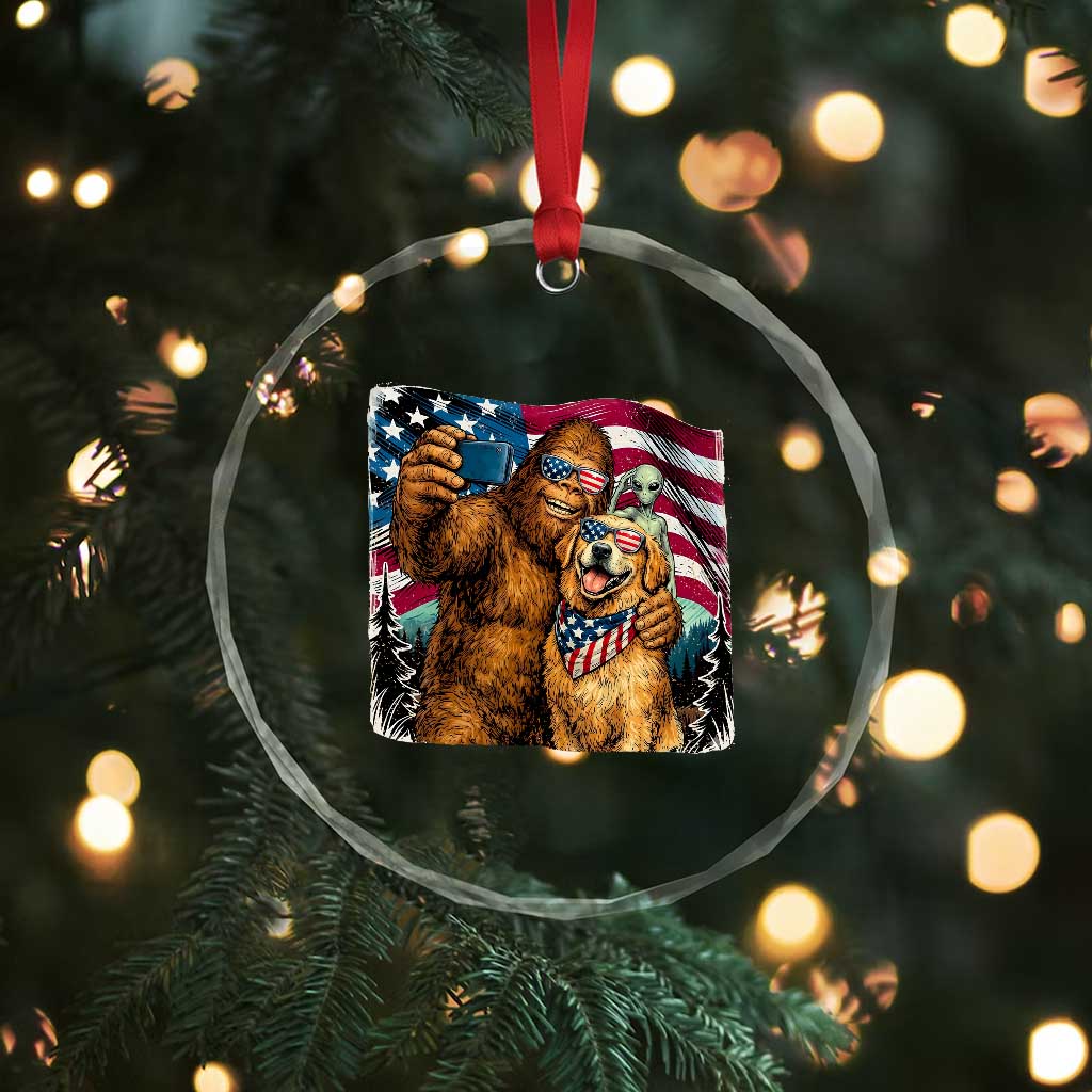 Funny Patriotic Bigfoot Golden Retriever Selfie Squad Crystal Glass Ornament