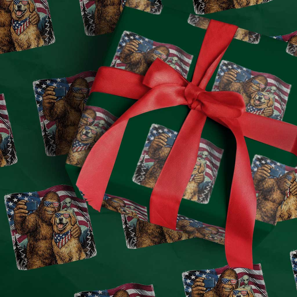 Funny Patriotic Bigfoot Golden Retriever Selfie Squad Wrapping Paper Roll