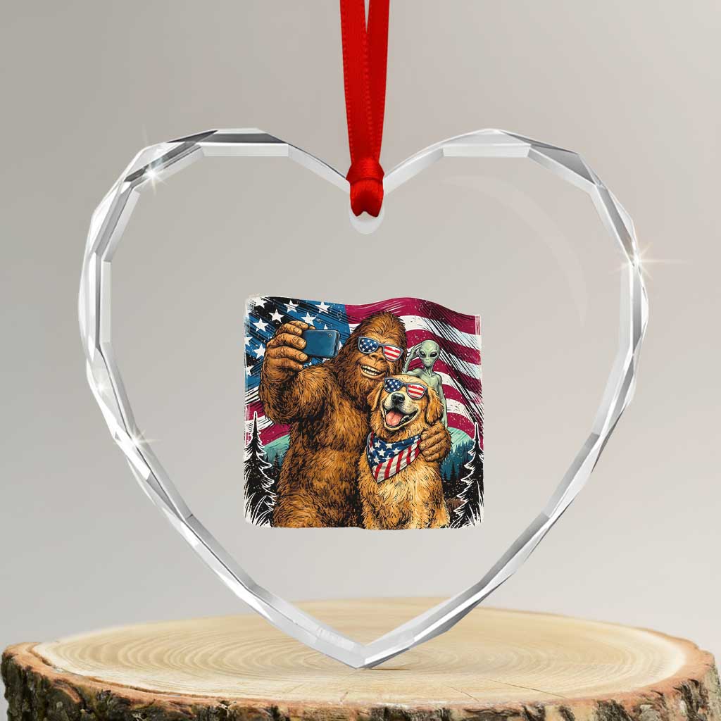 Funny Patriotic Bigfoot Golden Retriever Selfie Squad Heart Crystal Glass Ornament