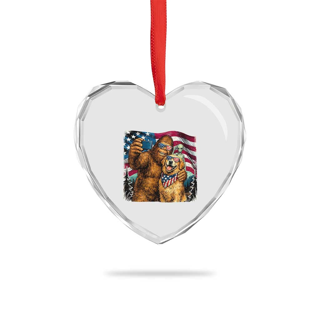Funny Patriotic Bigfoot Golden Retriever Selfie Squad Heart Crystal Glass Ornament