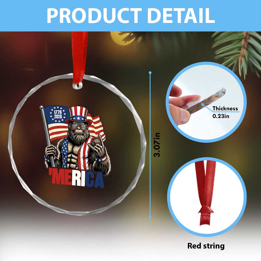 Funny Patriotic Bigfoot Merica Rock Crystal Glass Ornament USA 250th Anniversary