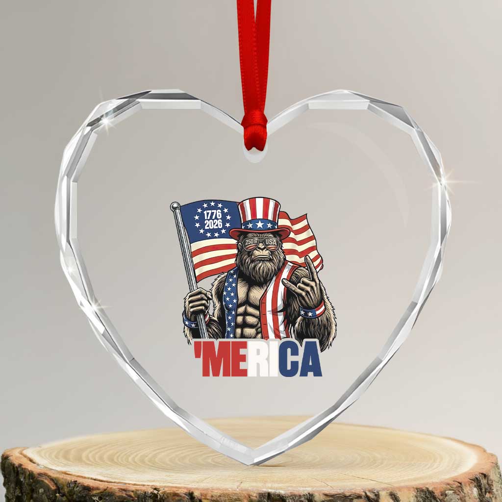 Funny Patriotic Bigfoot Merica Rock Heart Crystal Glass Ornament USA 250th Anniversary