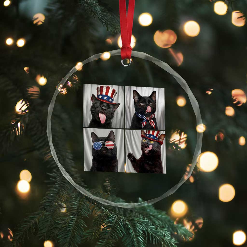 Funny Patriotic Black British Shorthair Cat Selfie Crystal Glass Ornament