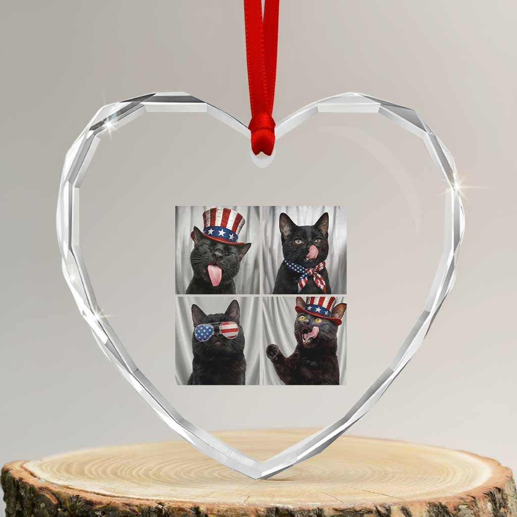 Funny Patriotic Black British Shorthair Cat Selfie Heart Crystal Glass Ornament