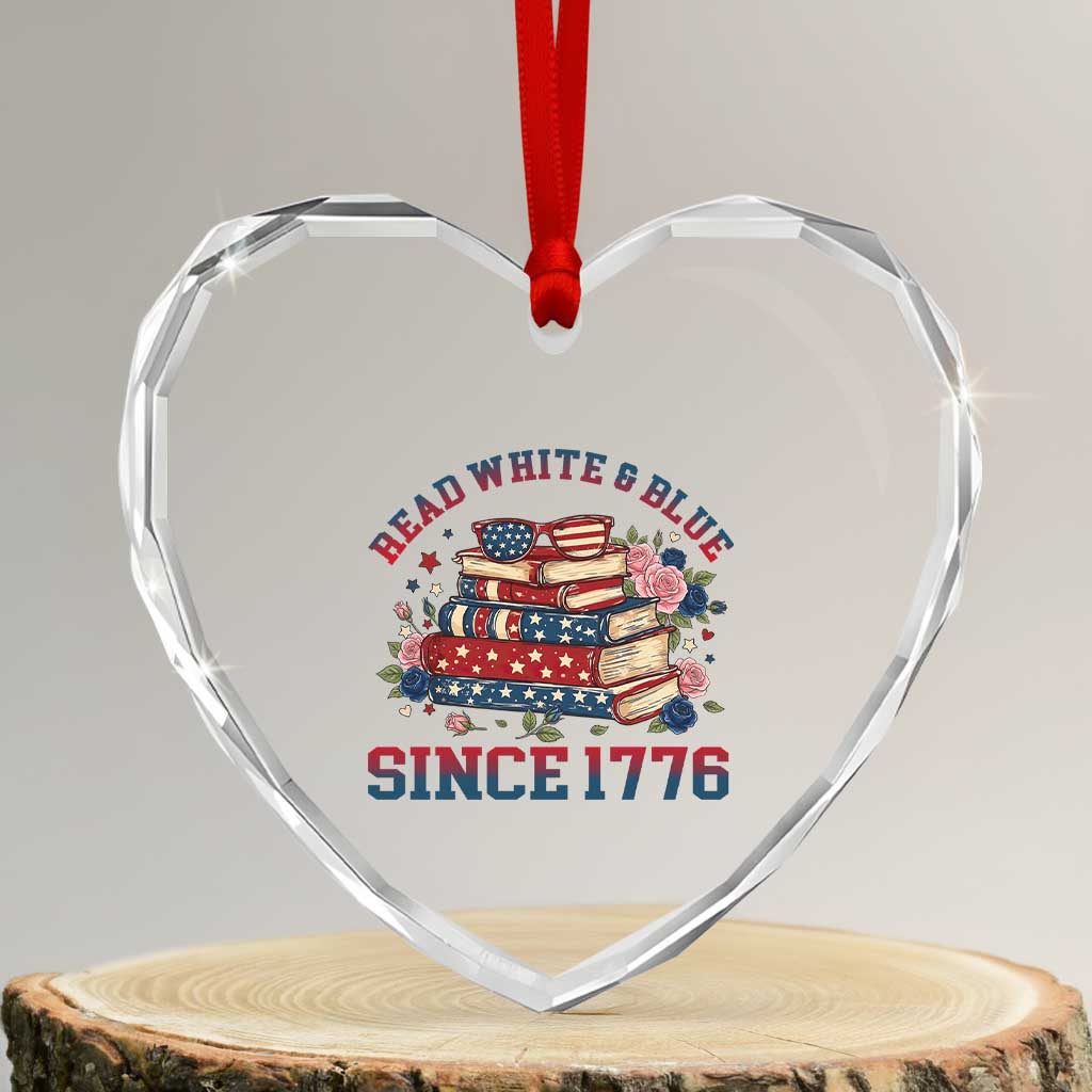 Funny Patriotic Book Lover Gift Heart Crystal Glass Ornament Read White Blue Since 1776