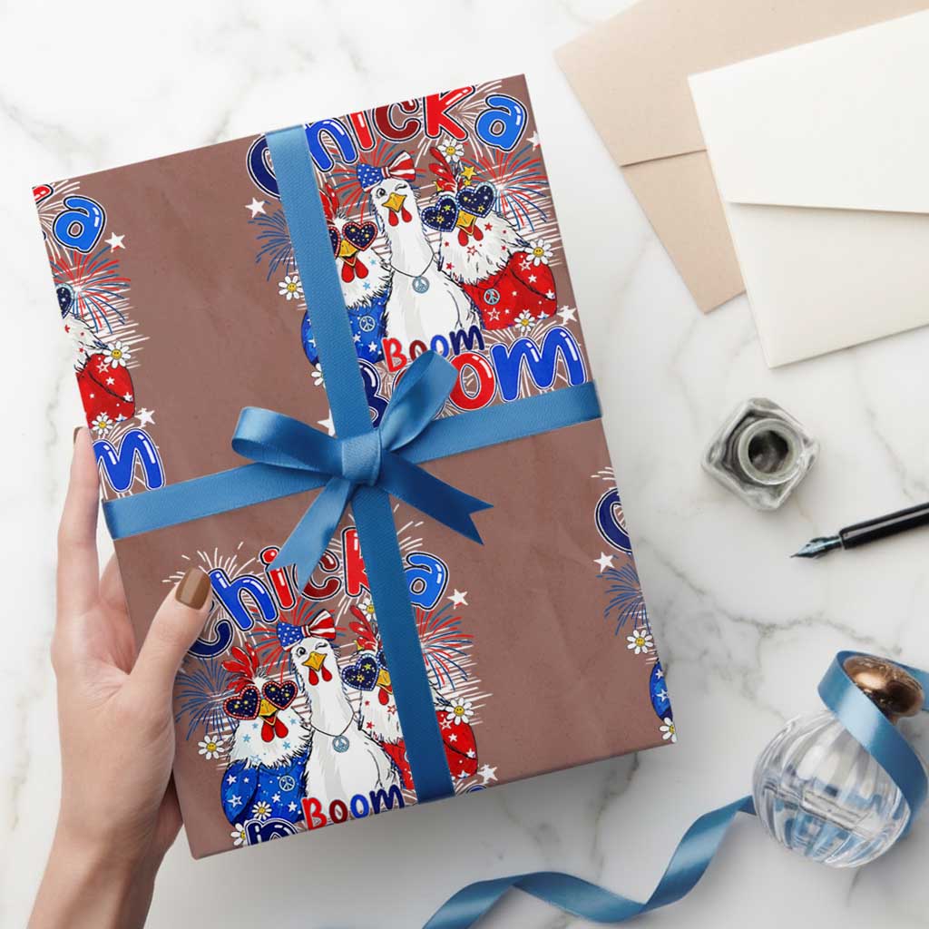 Funny Patriotic Chickens 4th of July Fireworks Wrapping Paper Roll Retro Chicka Boom Boom Hen Rooster Chick Graphic