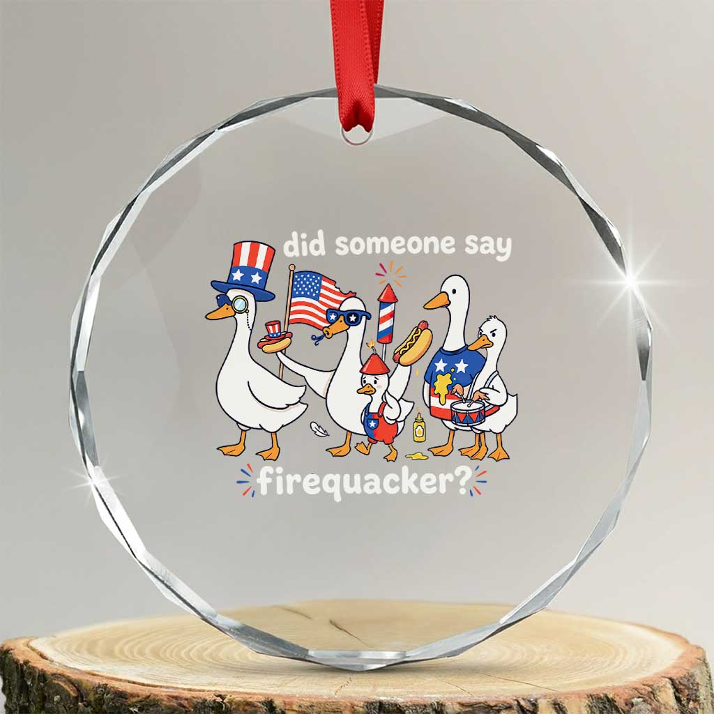 Funny Patriotic Duck Family 4th of July Fireworks Crystal Glass Ornament Did Someone Say Firequacker Word Pun Cute Graphic