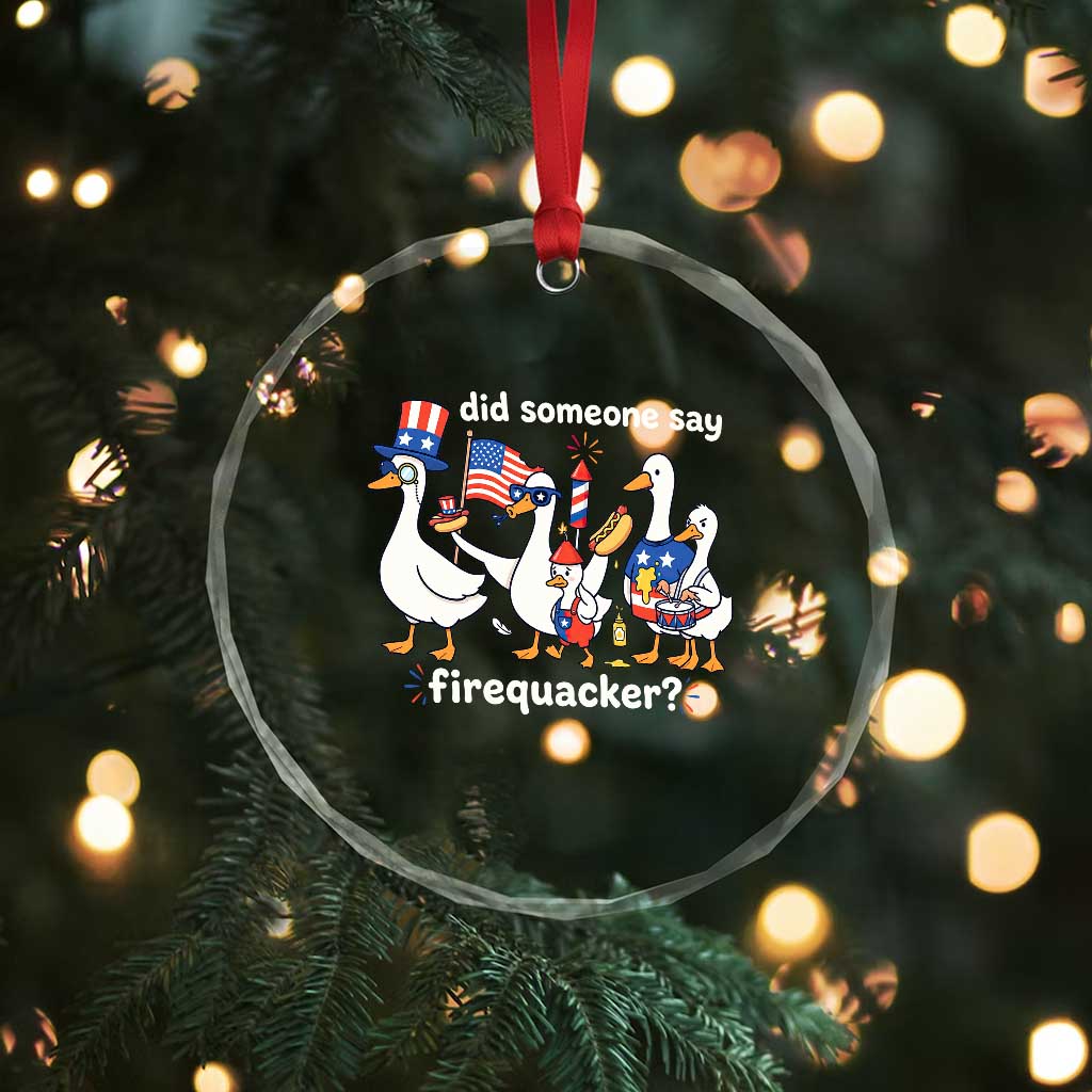 Funny Patriotic Duck Family 4th of July Fireworks Crystal Glass Ornament Did Someone Say Firequacker Word Pun Cute Graphic
