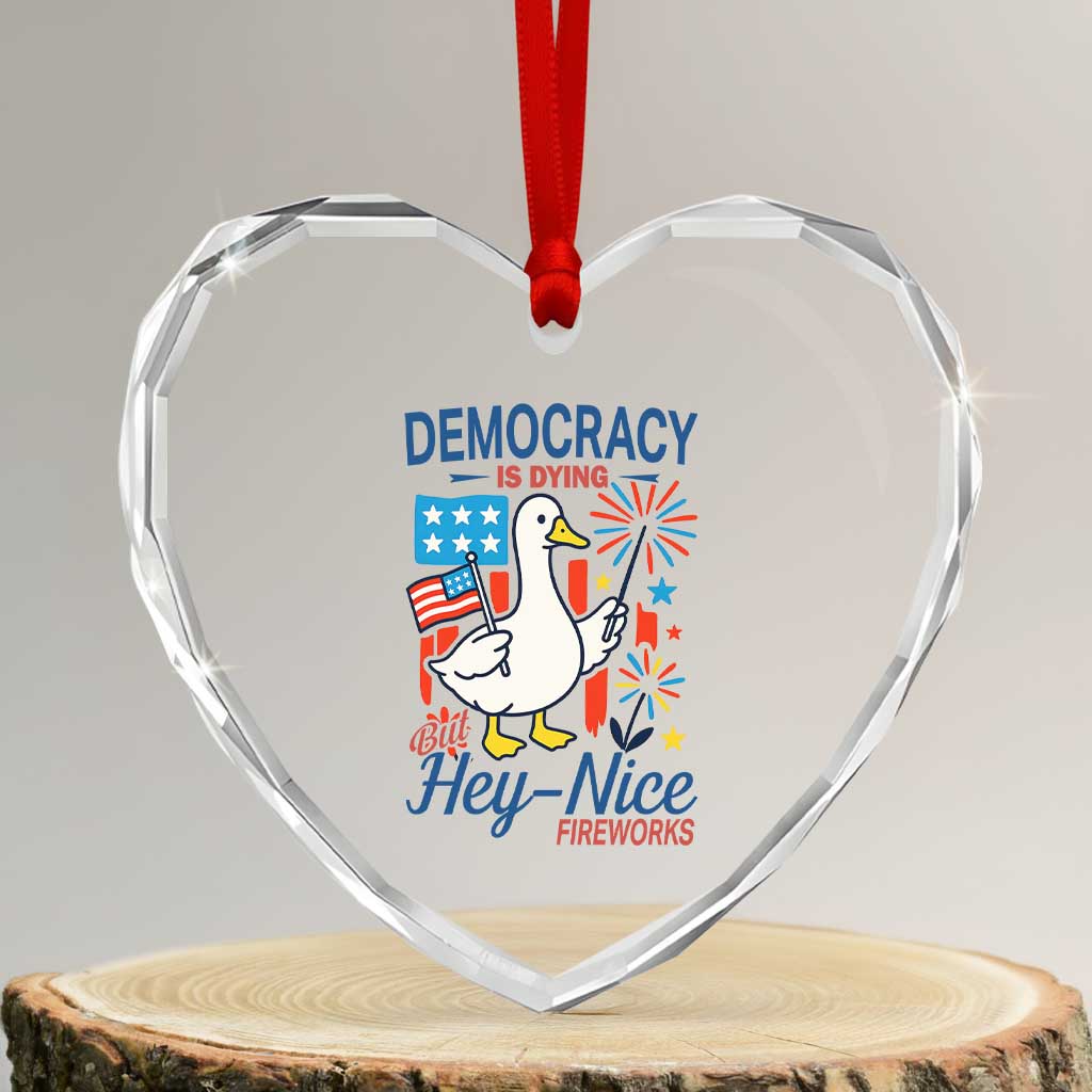 Funny Patriotic Duck Holding Firework Heart Crystal Glass Ornament Funny Democracy Is Dying But Hey Nice Fireworks 4th Of July - Wonder Print Shop