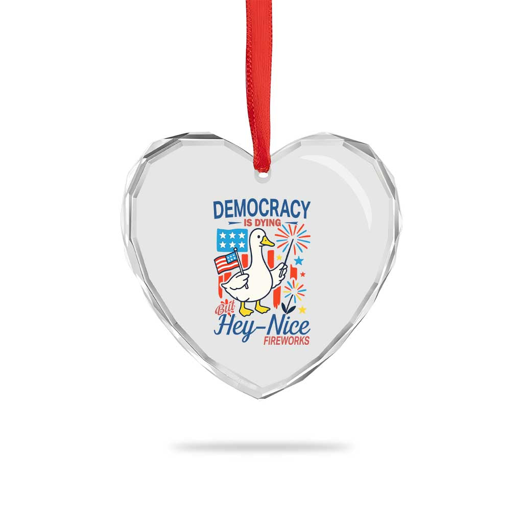 Funny Patriotic Duck Holding Firework Heart Crystal Glass Ornament Funny Democracy Is Dying But Hey Nice Fireworks 4th Of July - Wonder Print Shop