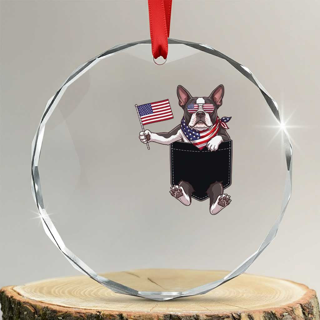 Funny Patriotic French Bulldog in Pocket Graphic Crystal Glass Ornament Cute Frenchie Waving US Flag Sunglasses Faux Summer