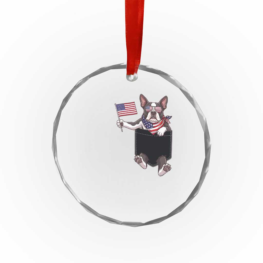 Funny Patriotic French Bulldog in Pocket Graphic Crystal Glass Ornament Cute Frenchie Waving US Flag Sunglasses Faux Summer