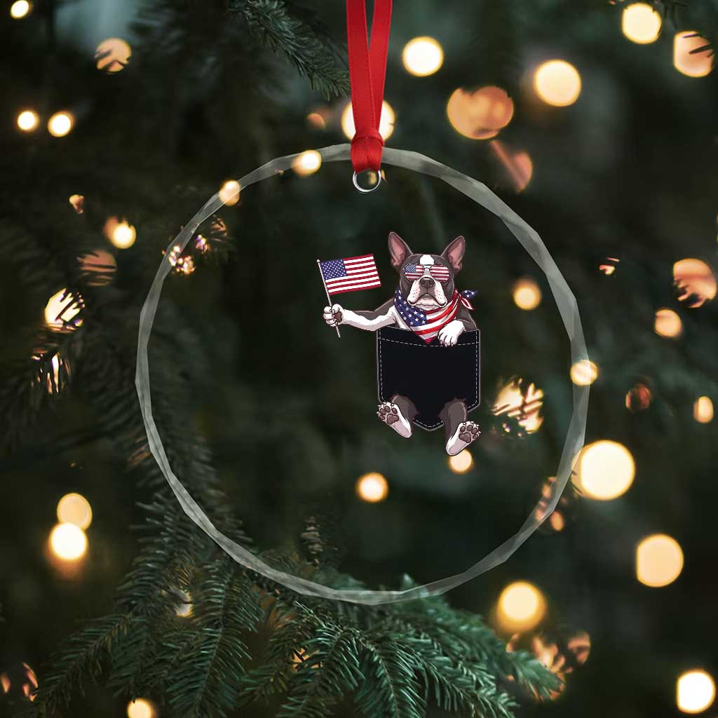 Funny Patriotic French Bulldog in Pocket Graphic Crystal Glass Ornament Cute Frenchie Waving US Flag Sunglasses Faux Summer