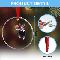 Funny Patriotic French Bulldog in Pocket Graphic Crystal Glass Ornament Cute Frenchie Waving US Flag Sunglasses Faux Summer