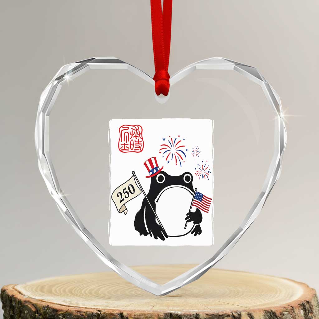 Funny Patriotic Grumpy Frog 250th Anniversary USA Heart Crystal Glass Ornament