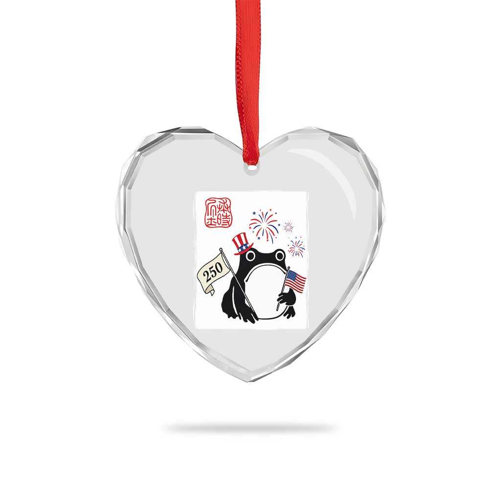 Funny Patriotic Grumpy Frog 250th Anniversary USA Heart Crystal Glass Ornament