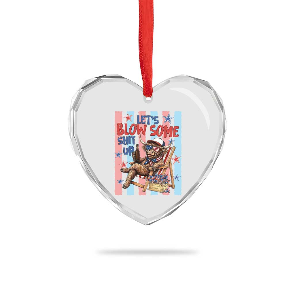 Funny Patriotic Highland Cow Heart Crystal Glass Ornament 4th Of July Fireworks Celebration