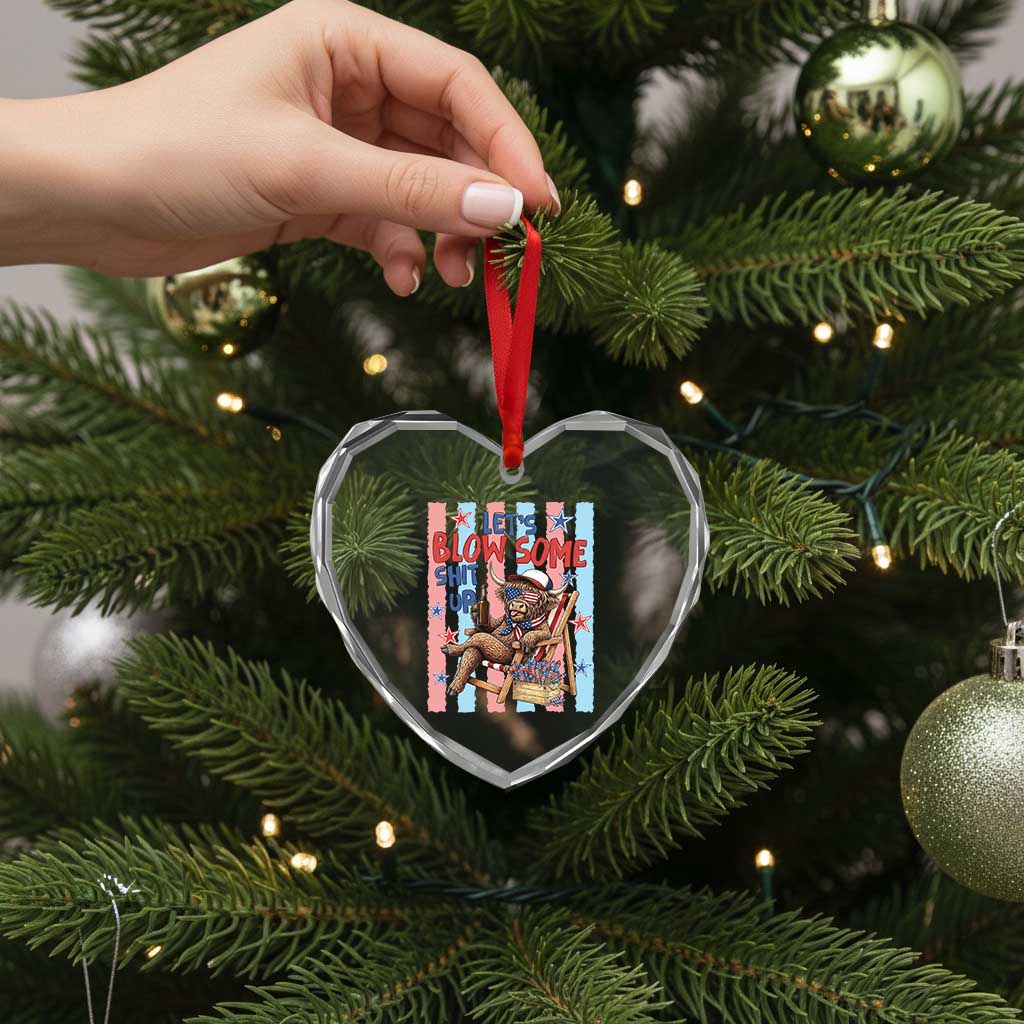 Funny Patriotic Highland Cow Heart Crystal Glass Ornament 4th Of July Fireworks Celebration