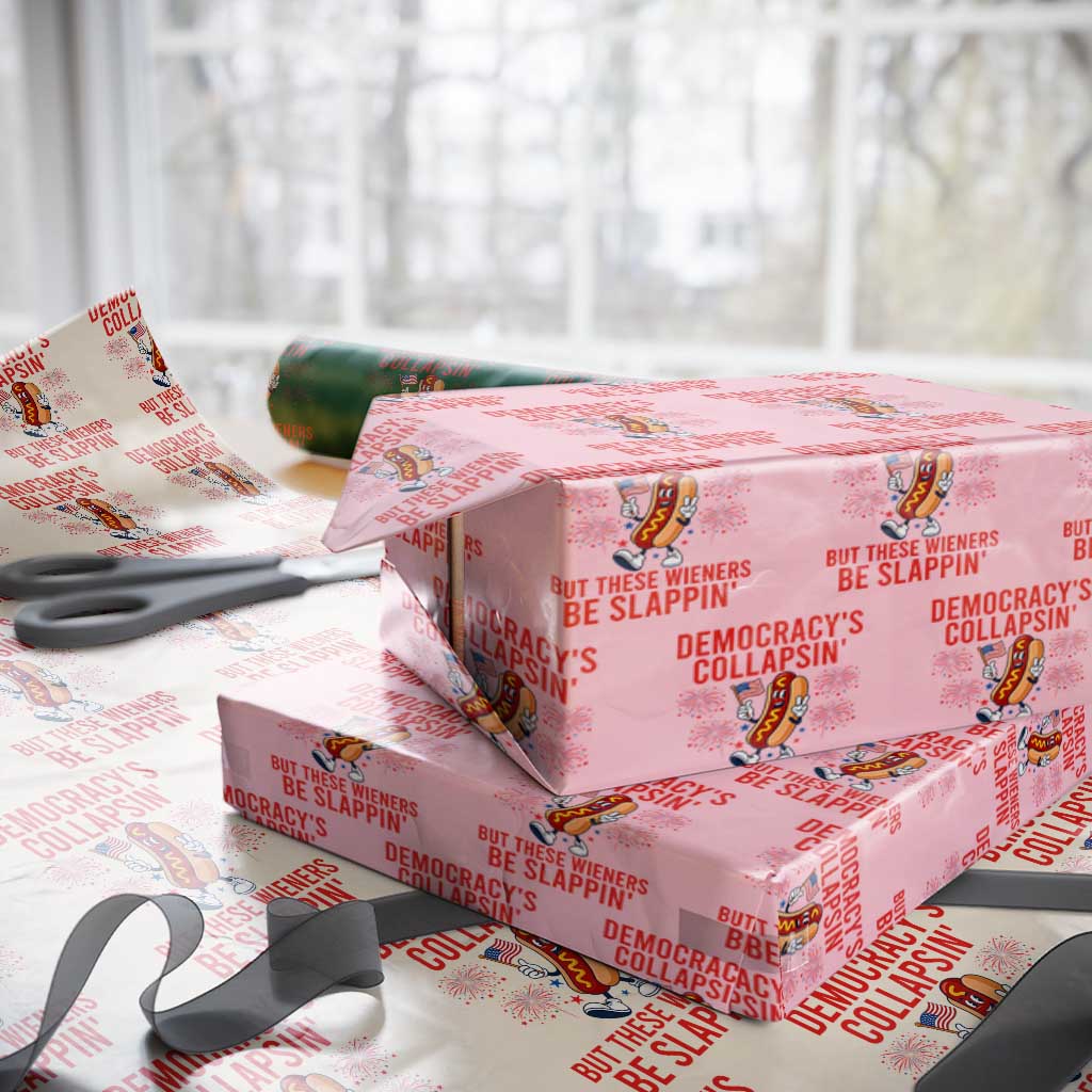 Funny Patriotic Hotdog Cartoon 4th of July Fireworks Wrapping Paper Roll Democracys Collapsin But These Wieners Be Slappin