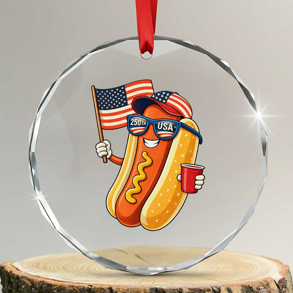 Funny Patriotic Hotdog Crystal Glass Ornament USA 250th Anniversary