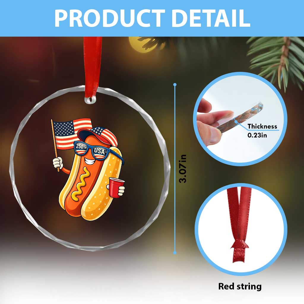 Funny Patriotic Hotdog Crystal Glass Ornament USA 250th Anniversary