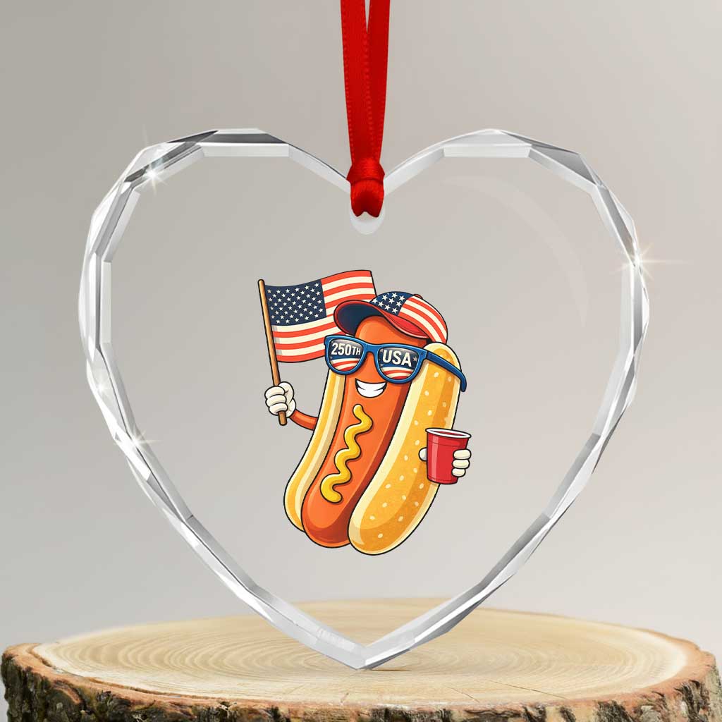 Funny Patriotic Hotdog Heart Crystal Glass Ornament USA 250th Anniversary