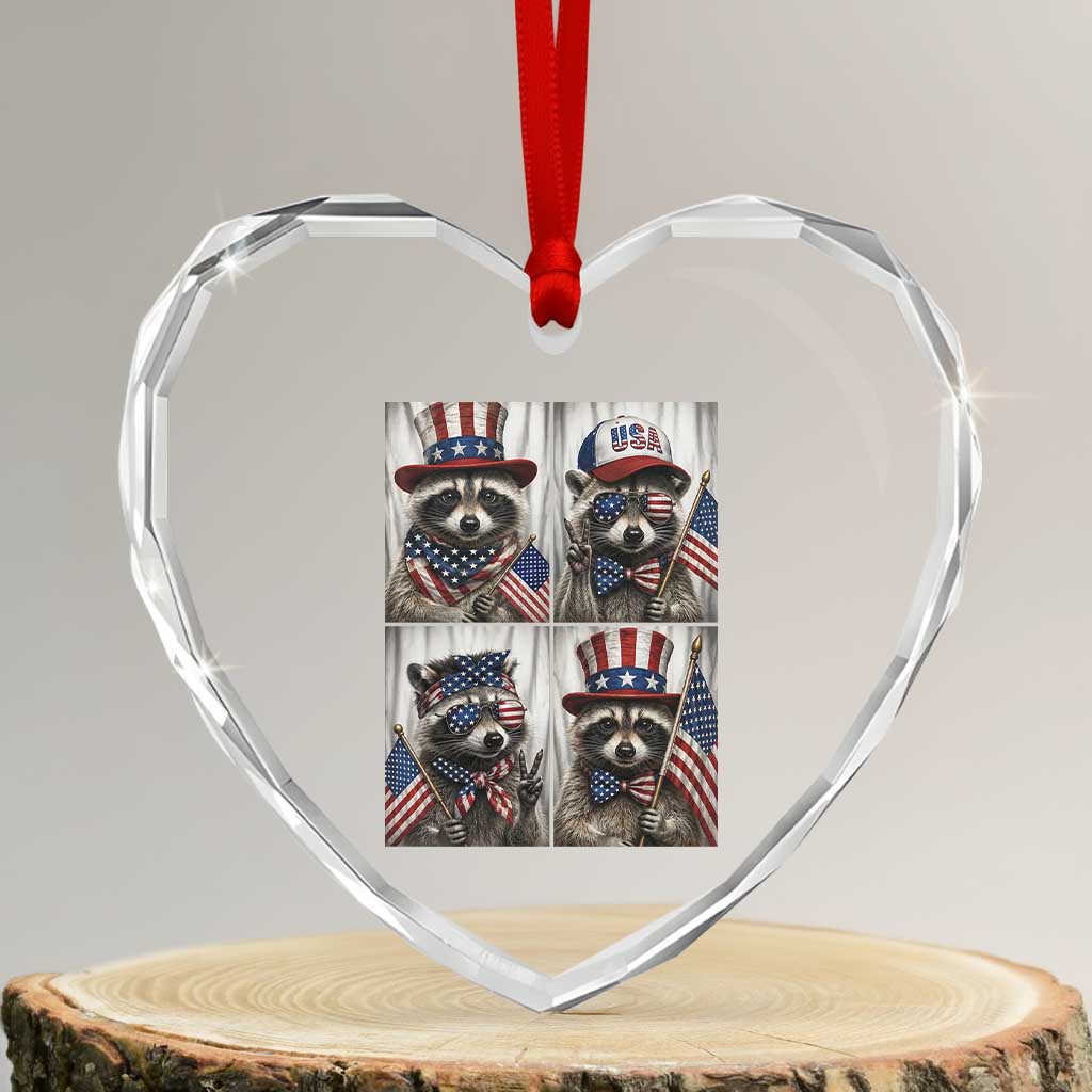 Funny Patriotic Raccoon Selfie Heart Crystal Glass Ornament USA Flag Red White And Blue Graphic
