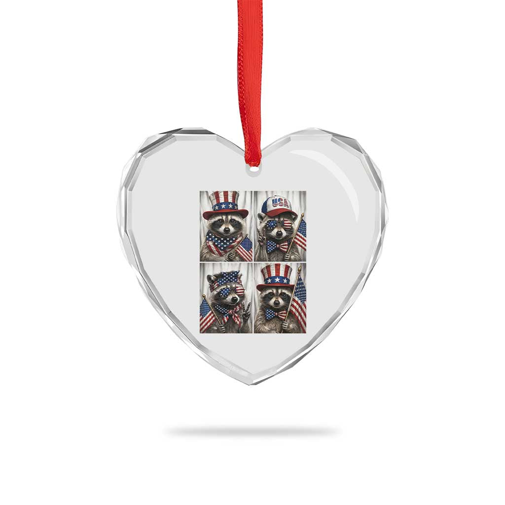 Funny Patriotic Raccoon Selfie Heart Crystal Glass Ornament USA Flag Red White And Blue Graphic