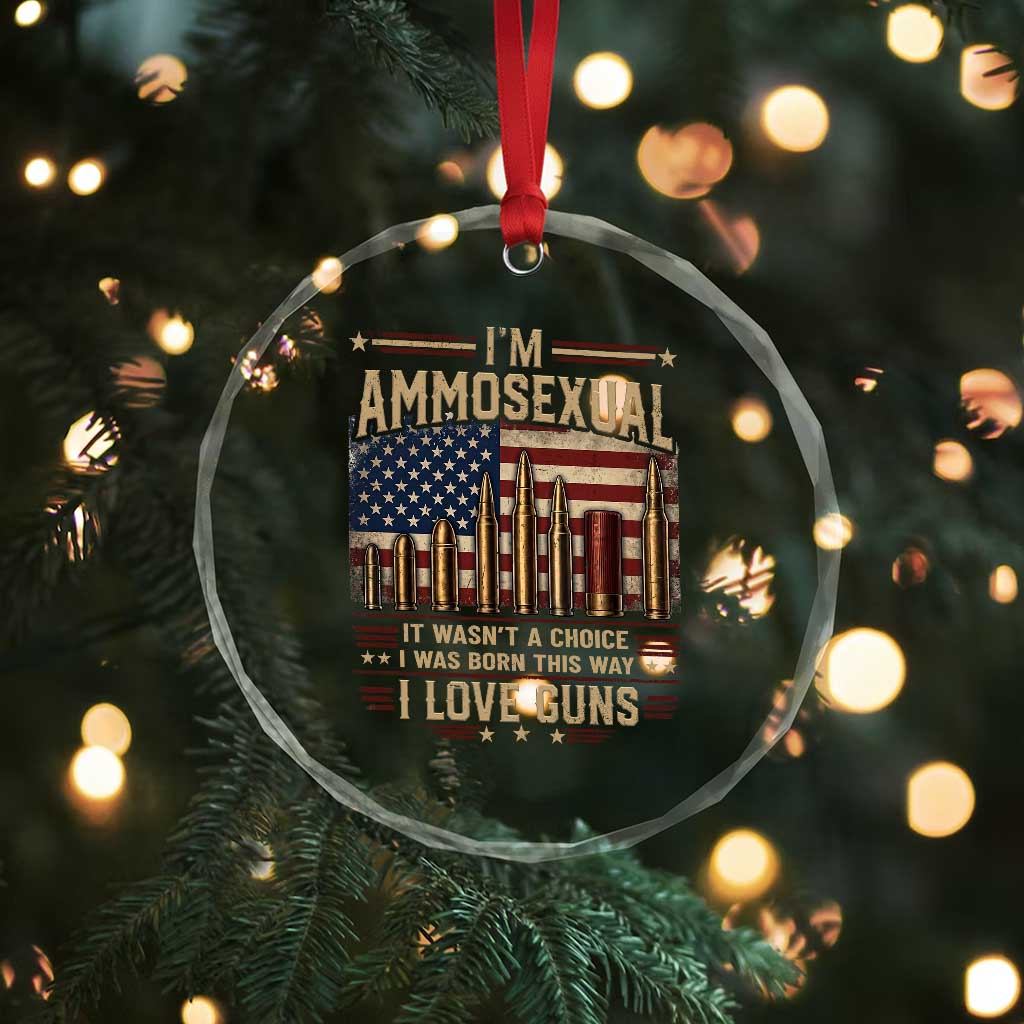 Funny Patriotic Second Amendment Humor American Flag Crystal Glass Ornament Im Ammosexual I Love Guns Owners Veterans