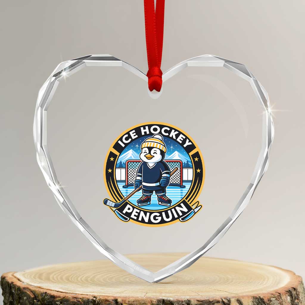 Funny Penguin Hockey Player Heart Crystal Glass Ornament Sports Fan Gift - Wonder Print Shop