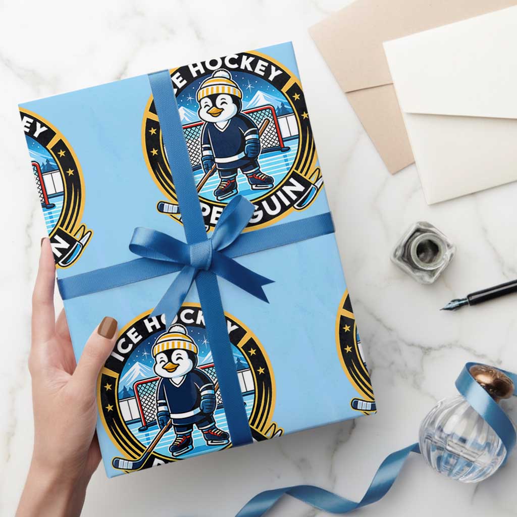 Funny Penguin Hockey Player Wrapping Paper Roll Sports Fan Gift - Wonder Print Shop