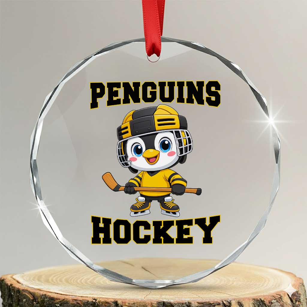 Funny Penguin Playing Ice Hockey Crystal Glass Ornament Winter Sports Gift - Wonder Print Shop