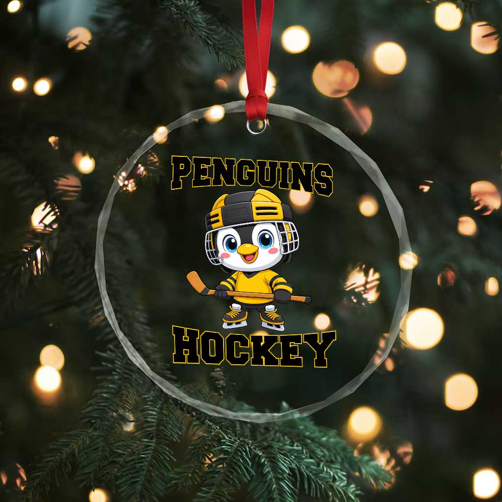 Funny Penguin Playing Ice Hockey Crystal Glass Ornament Winter Sports Gift - Wonder Print Shop
