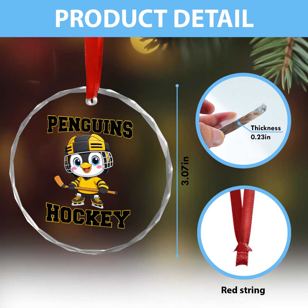 Funny Penguin Playing Ice Hockey Crystal Glass Ornament Winter Sports Gift - Wonder Print Shop