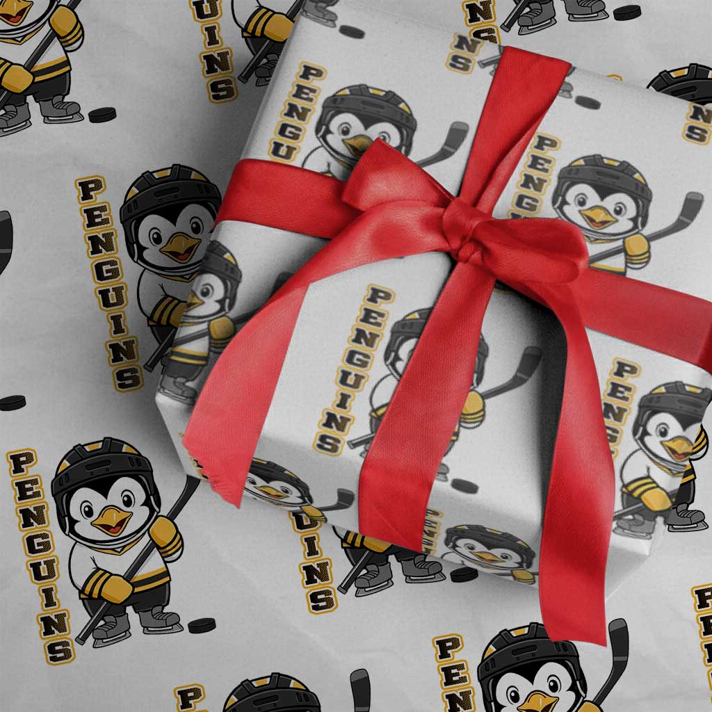 Funny Penguin Playing Ice Hockey Wrapping Paper Roll Gift For Kids - Wonder Print Shop