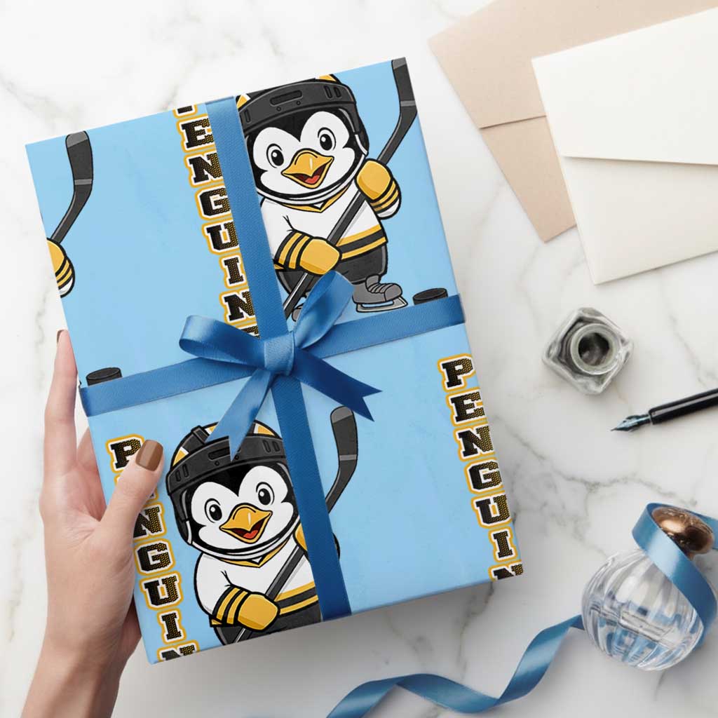 Funny Penguin Playing Ice Hockey Wrapping Paper Roll Gift For Kids - Wonder Print Shop