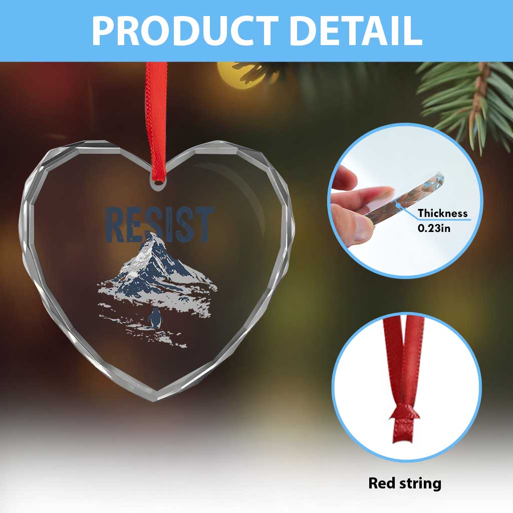 Funny Penguin Protest Heart Crystal Glass Ornament Resist Penguin Mountain Hiking Meme