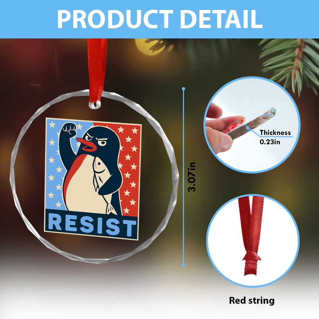Funny Penguin Resist Graphic Crystal Glass Ornament Resist Protest Against Tariffs - Wonder Print Shop