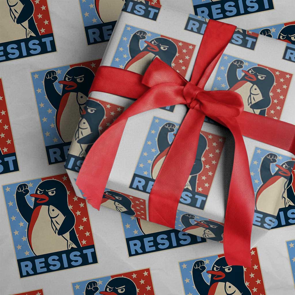 Funny Penguin Resist Graphic Wrapping Paper Roll Resist Protest Against Tariffs - Wonder Print Shop