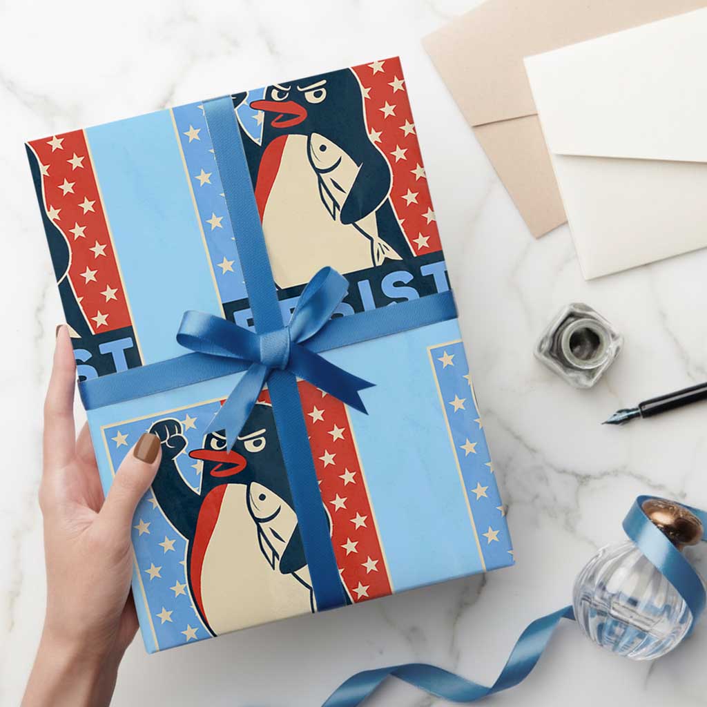 Funny Penguin Resist Graphic Wrapping Paper Roll Resist Protest Against Tariffs - Wonder Print Shop