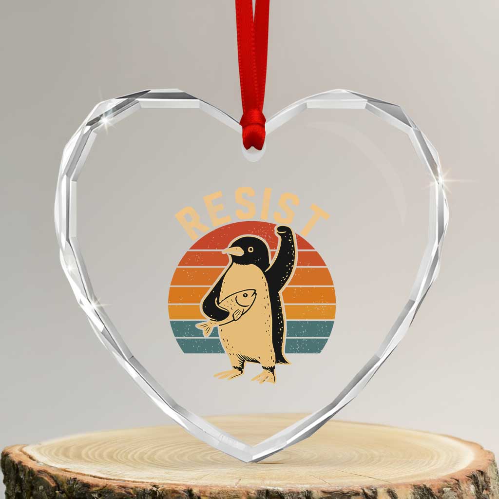 Funny Penguin Resist Heart Crystal Glass Ornament Against Tariffs Retro Vintage - Wonder Print Shop